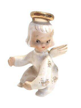 Vintage Lefton's Hand-Painted Ceramic Angel Figurine Gold & Halo Wings READ